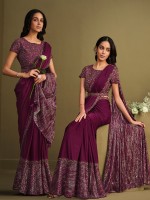 Elegant Purple Crystal Silk Sequins Readymade Saree
